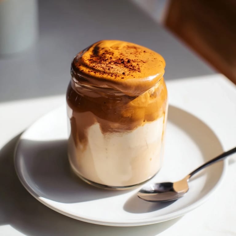 A close-up of a layered brown sugar dalgona latte with whipped coffee topping and ice.
