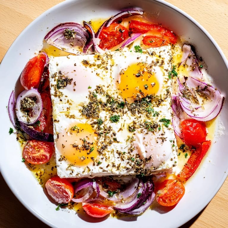 The delicious Mediterranean Baked Feta & Eggs is garnished with parsley, served with crusty bread.