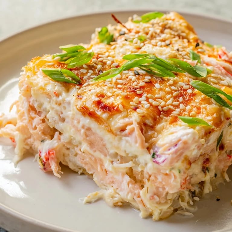 A generous serving of Creamy Salmon Sushi Bake, with a cheesy, golden topping awaiting your scoop.