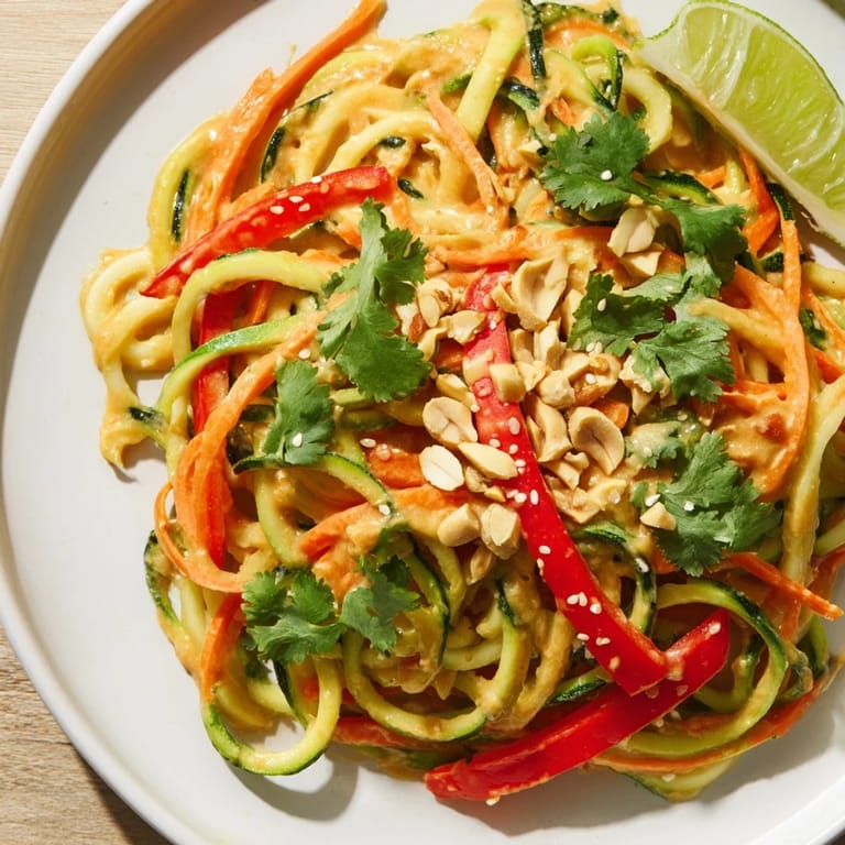 Cool bowl of Zesty Peanut Zucchini Noodles, featuring spiralized zucchini and crunchy peanuts, ready to eat!