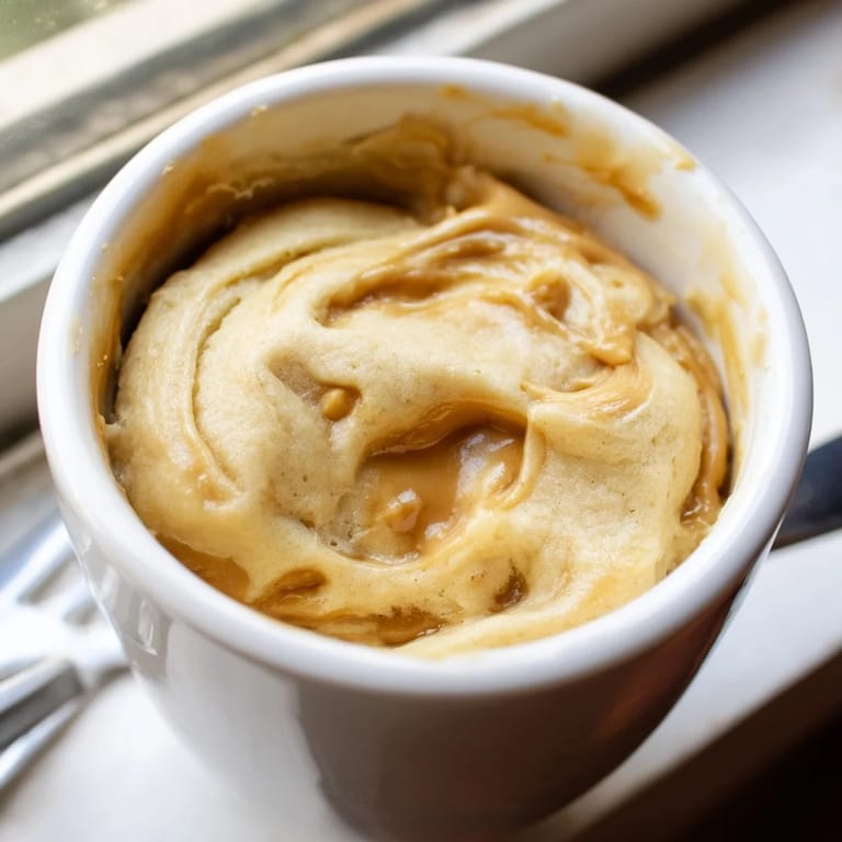 A gooey and chocolatey 2-Minute Peanut Butter Mug Cake steaming gently in a white mug.