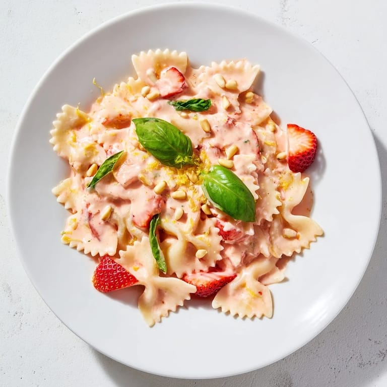 Creamy Strawberry Sour Cream Pasta, a delicious vegetarian meal, perfect for a summer dinner.