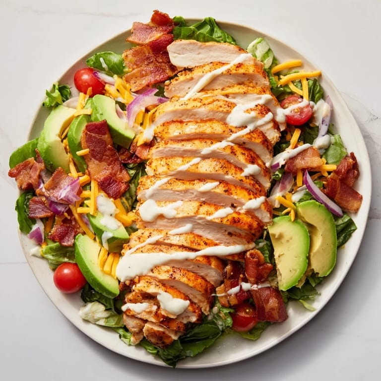 Fresh mixed greens topped with flavorful Crispy Bacon Chicken Salad, a perfect lunch or dinner option.