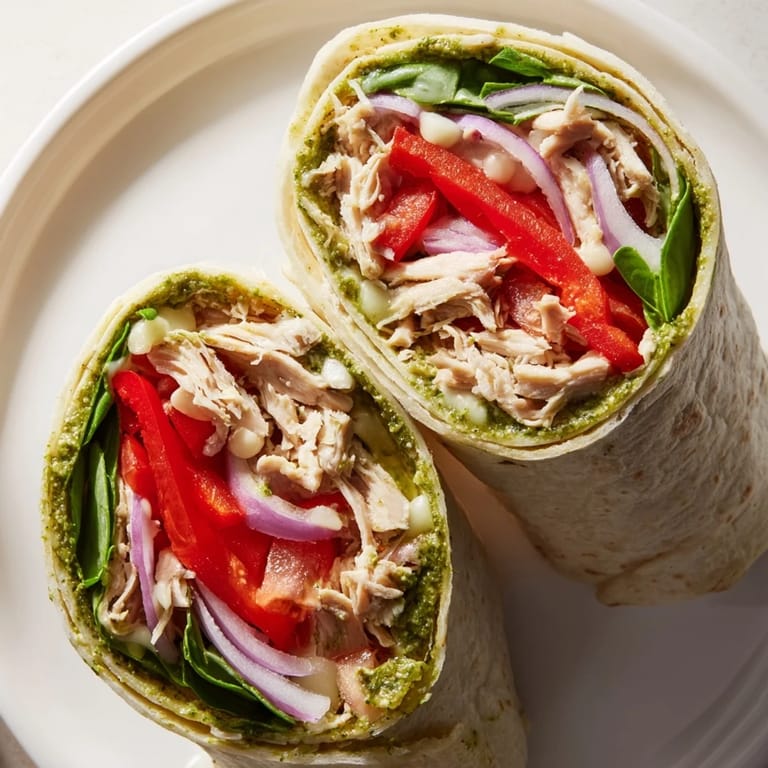 Freshly assembled Pesto Chicken Wraps, showcasing a filling of pesto chicken and colorful vegetables.