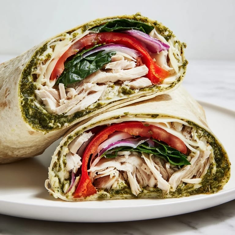 A close-up of a delicious Pesto Chicken Wrap, ready to eat and packed with fresh ingredients.