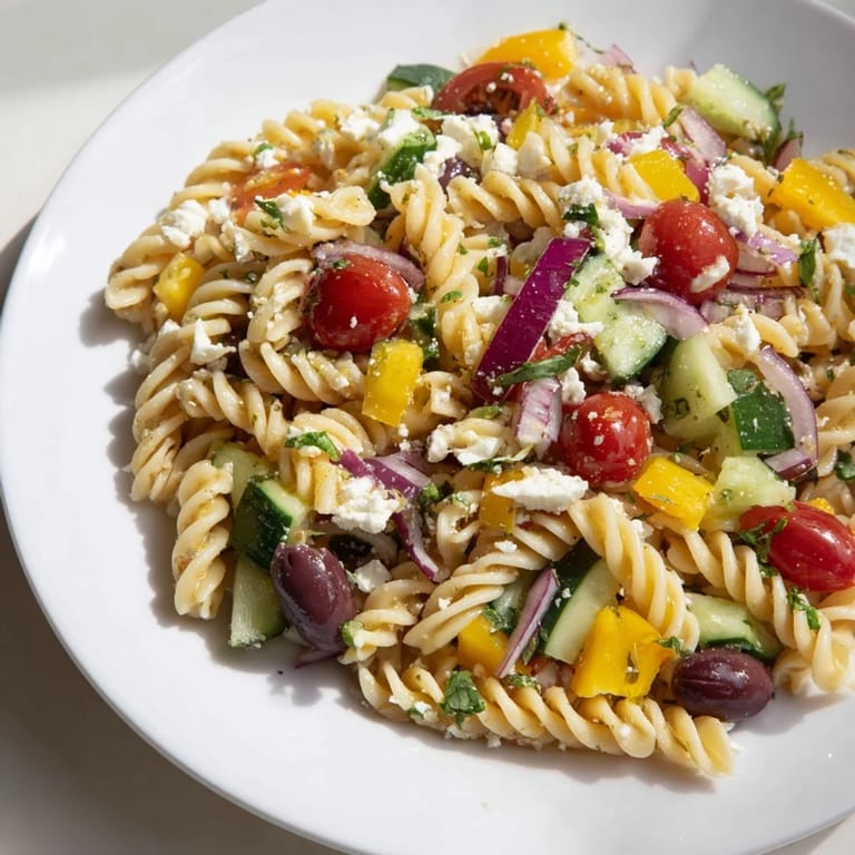 A large bowl of lemon pasta salad, featuring colorful vegetables, herbs, and crumbly feta cheese.