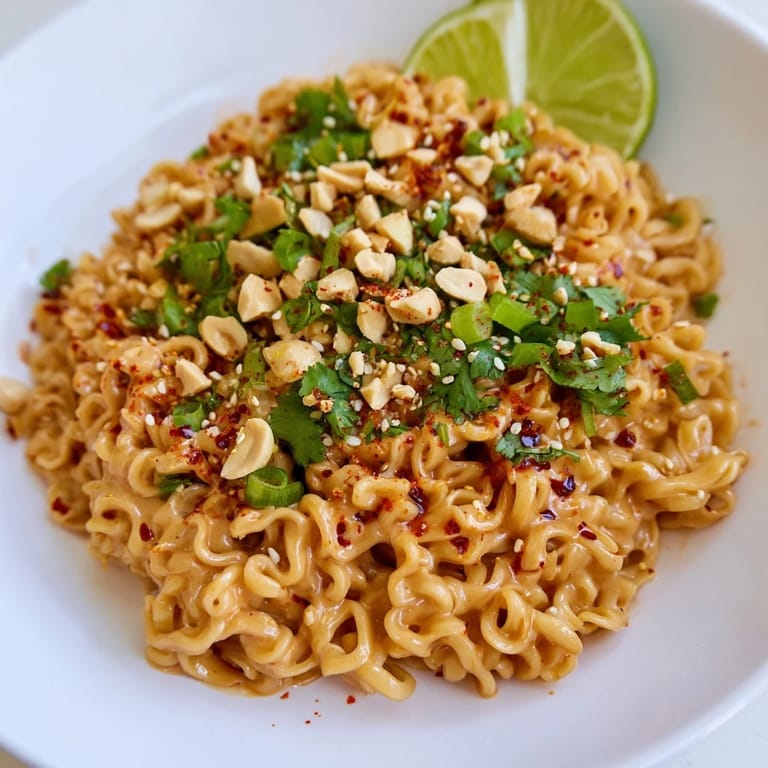 A delicious bowl of Instant Peanut Thai Sauce Noodles, generously topped with fresh cilantro and crunchy peanuts.