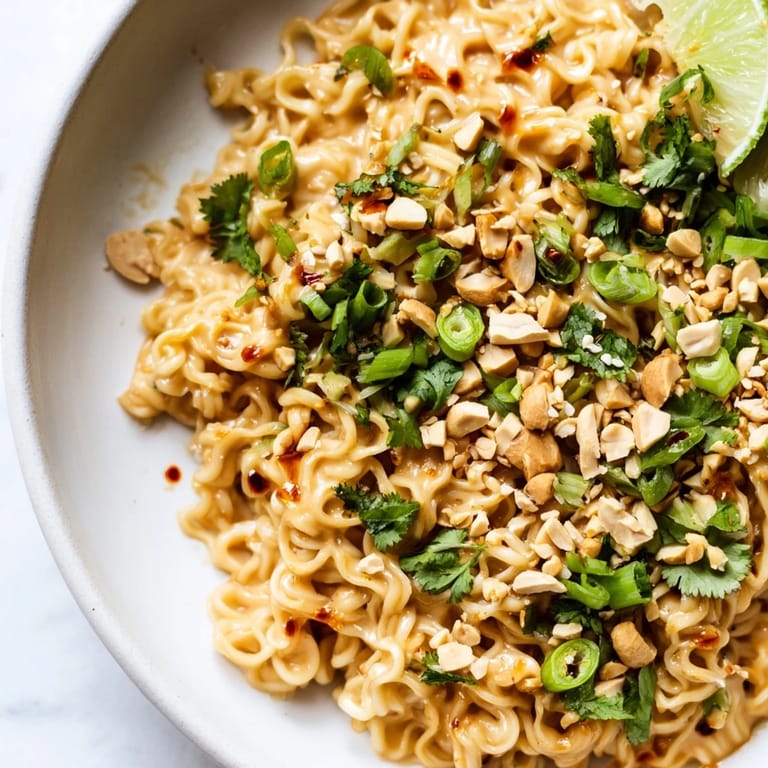 Enjoy a quick and easy plate of creamy Instant Peanut Thai Sauce Noodles, perfect for a weeknight dinner.