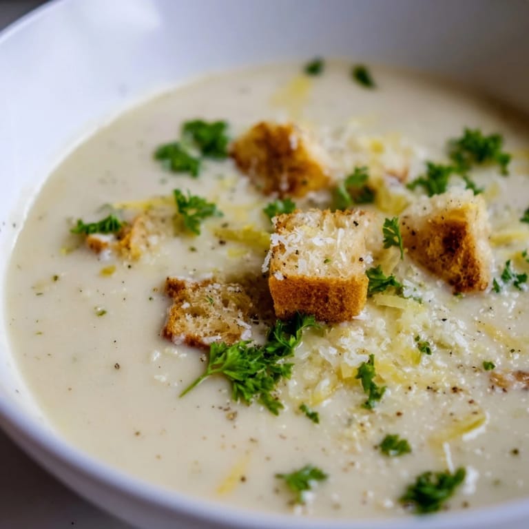 A close-up view of creamy garlic bread soup showcases its rich texture and invites you to savor the warmth.