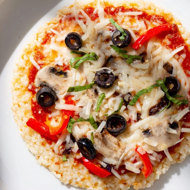 A close-up of cheesy Rice Cake Pizza Squares, topped with vibrant vegetables and ready to eat.