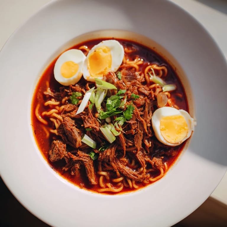 This hearty Chaos Cooking Birria Ramen features tender shredded beef simmered in a rich broth with ramen.