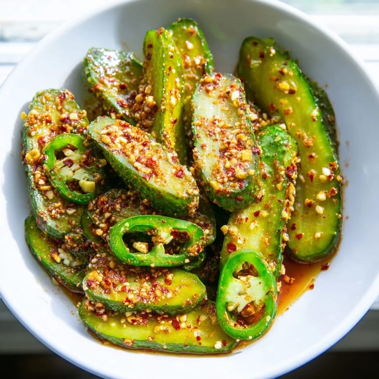 Close-up of freshly made taco pickles, featuring sliced jalapeño and spices, perfect for snacking.