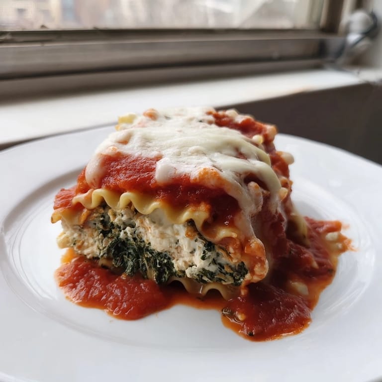 Spiraled Chicken and Spinach Lasagna Rolls with rich marinara, golden cheese topping, and garnished with fresh parsley for serving.