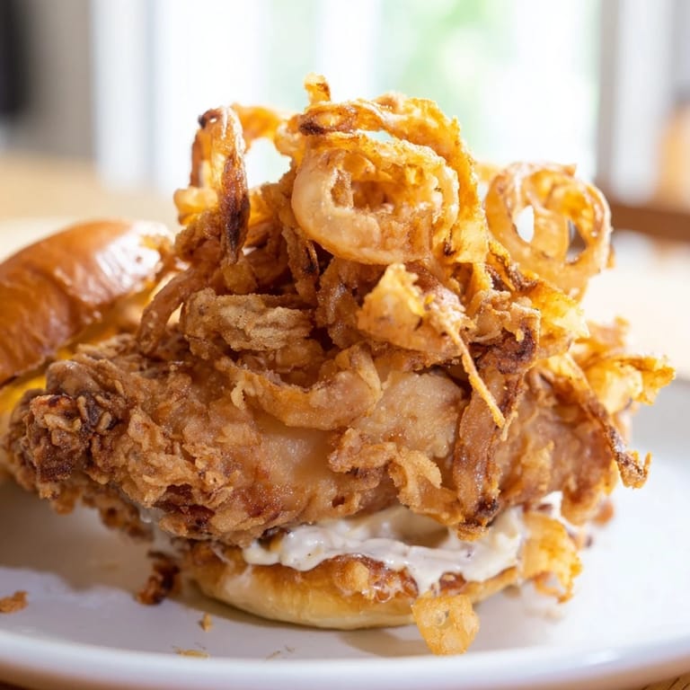 Homemade Crispy Onion Chicken Sandwich stacked with juicy buttermilk chicken, crispy onions, and creamy aioli, served on a toasted brioche bun.