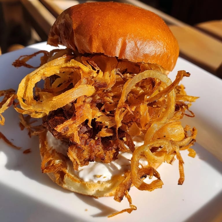 A fully assembled Crispy Onion Chicken Sandwich on a plate, ready to be enjoyed with lettuce and extra onions peeking out.