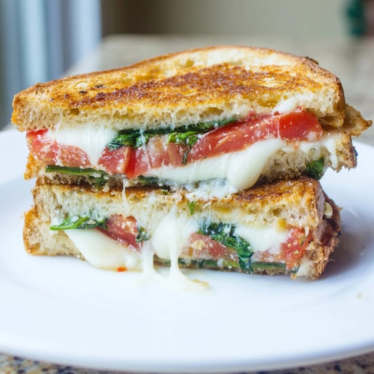 Melted cheese oozes from a crispy Tomato Basil Grilled Cheese, served beside a warm bowl of tomato soup.