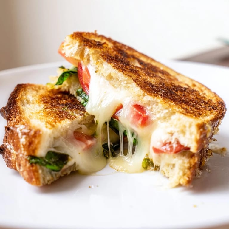Fresh basil leaves and ripe tomato slices stuffed inside a buttery Tomato Basil Grilled Cheese, ready to serve.