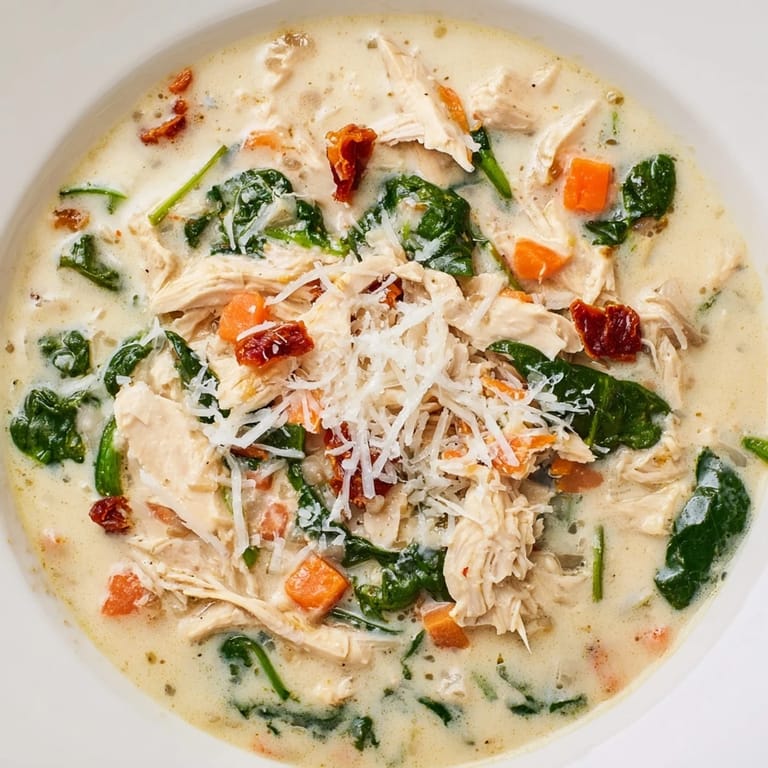 Ready-to-serve Creamy Tuscan Chicken Soup topped with Parmesan cheese and olive oil.