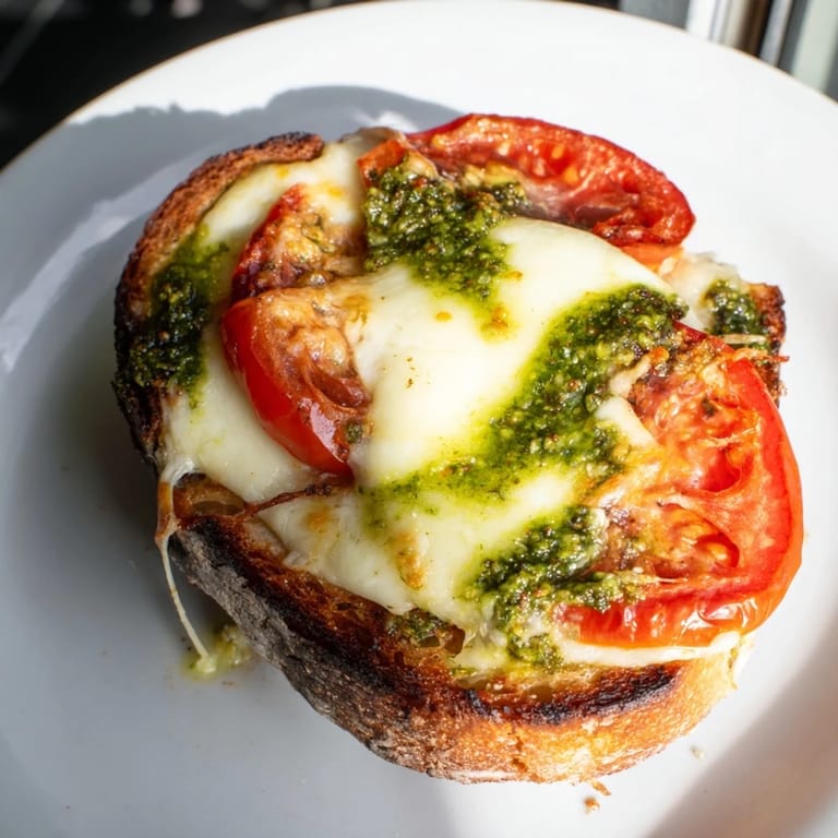 Homemade Italian-American Caprese Pesto Grilled Cheese on a plate, garnished with basil leaves and served beside a small salad.