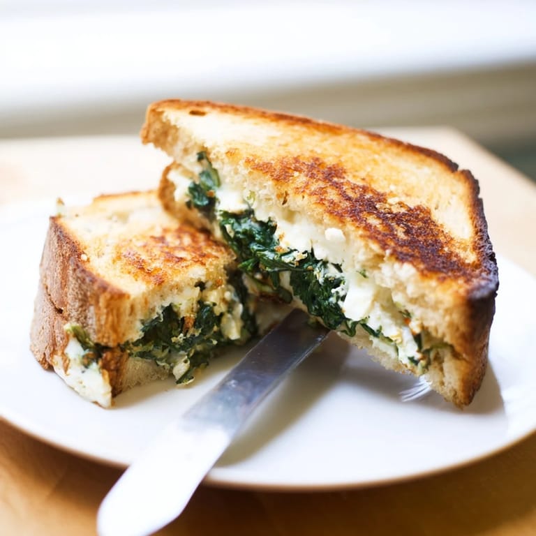 Close-up on the crispy, buttery crust of a Feta & Spinach Stuffed Grilled Cheese, ready to be dipped.