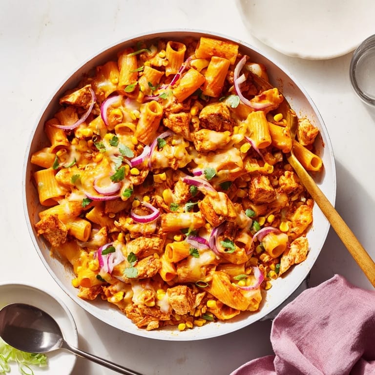 Sliced spring onions and fresh cilantro garnish this Tex-Mex pasta skillet, with sour cream and lime wedges on the side.