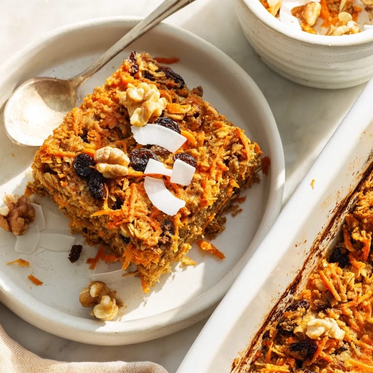 Cozy breakfast serving of Carrot Cake Baked Oatmeal with a warm golden crust, perfect for meal prep mornings.