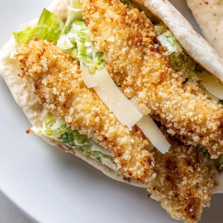 A handheld Crispy Chicken Caesar Pita with golden chicken, fresh greens, and melted Parmesan ready for a quick dinner.