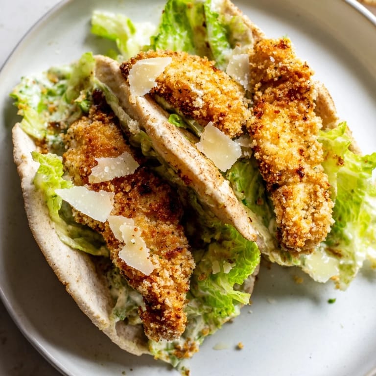 Tender, crunchy chicken Caesar pita stuffed with shaved Parmesan, crisp lettuce, and drizzled with creamy Caesar dressing for flavor.