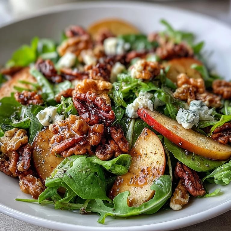 Crisp Honeycrisp apples, crunchy walnuts, and salad greens drizzled with apple cider vinaigrette, creating a vibrant and refreshing Apple and Walnut Salad.
