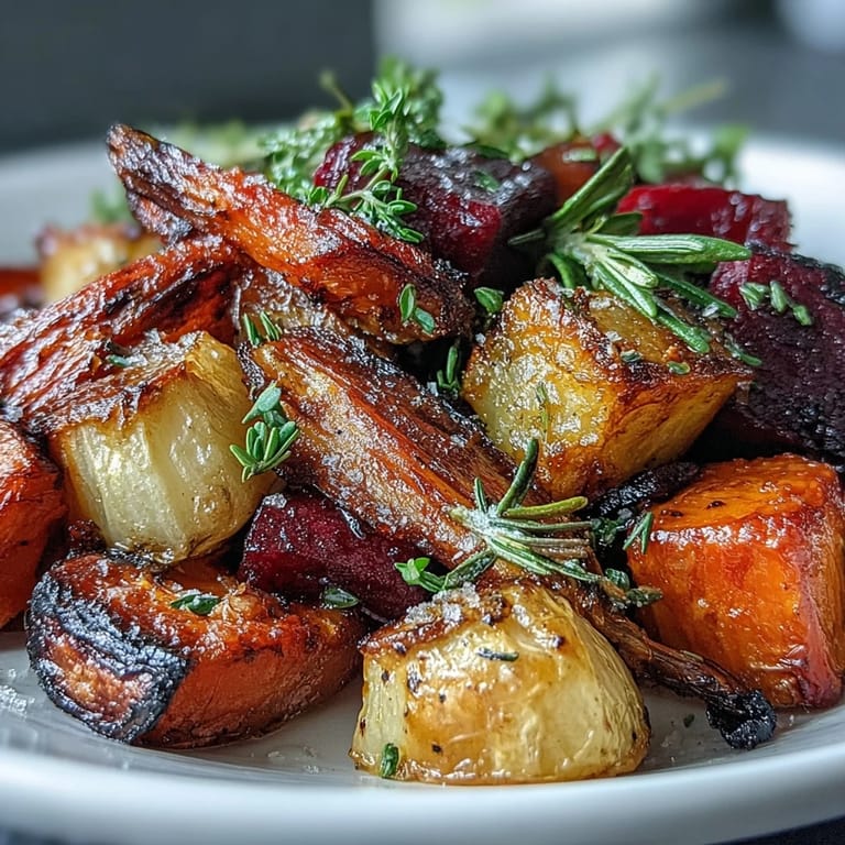 Colorful Roasted Root Vegetable Medley with caramelized edges, garnished with parsley for a vibrant side dish.