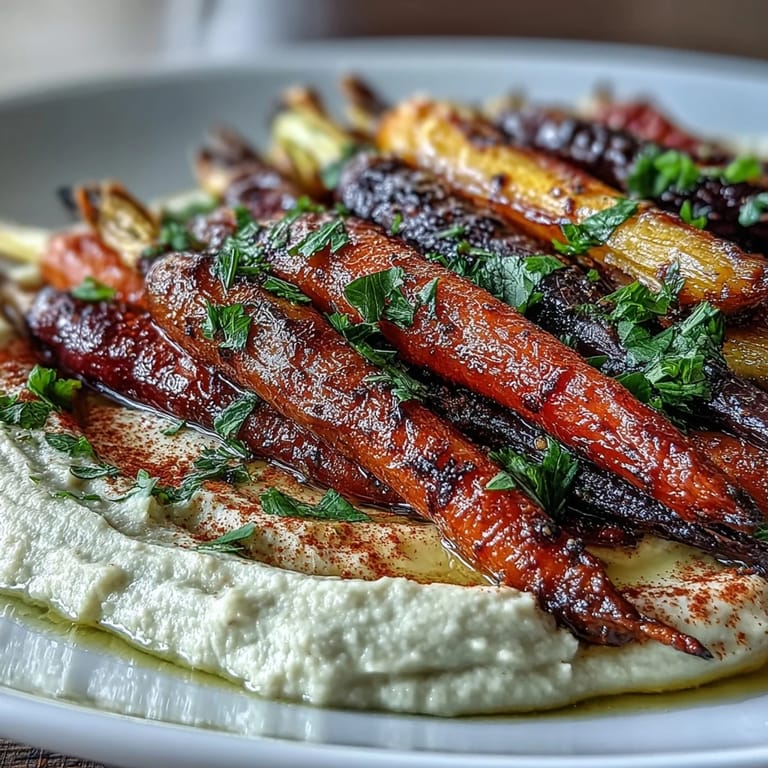 Colorful rainbow carrots roasted to perfection alongside smooth hummus, creating a perfect vegan appetizer pairing.  