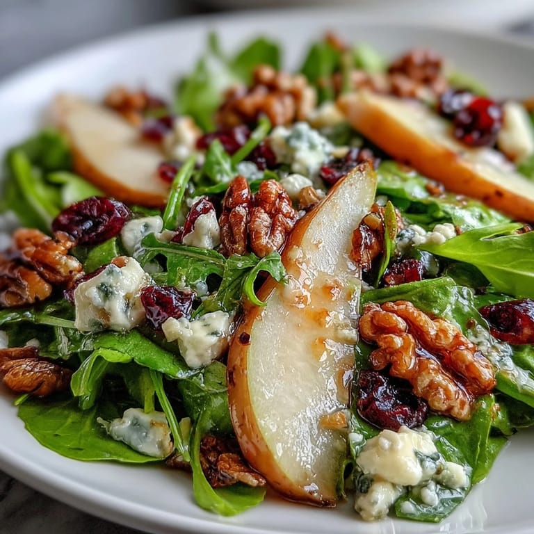 A close-up of a vegetarian Pear Gorgonzola Salad showing juicy pear slices, tangy blue cheese crumbles, and crunchy nuts over crisp arugula and spinach.  