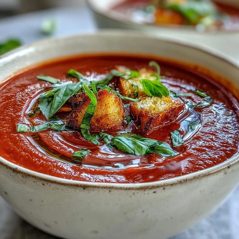 Silky smooth Roasted Tomato Basil Soup, a comforting bowl with caramelized tomato flavor.