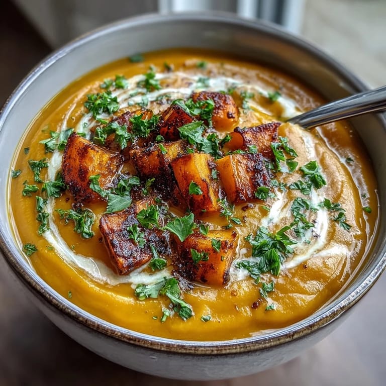 Warm, hearty Butternut Squash and Lentil Soup, perfectly pureed with croutons.