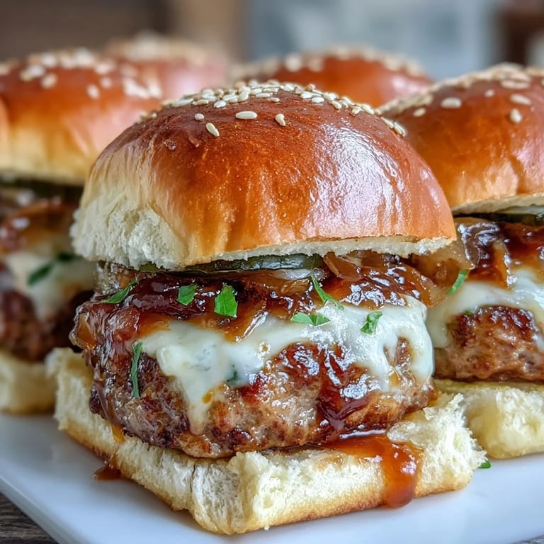Toasted sesame buns hold juicy bratwurst patties, caramelized onions, and tangy pickles.