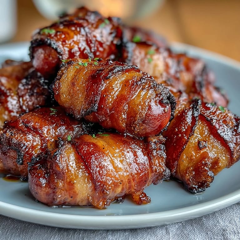 Savory Bacon-Wrapped Smokies on a white platter, showcasing smoky bacon and juicy mini sausages with a hint of cayenne spice.