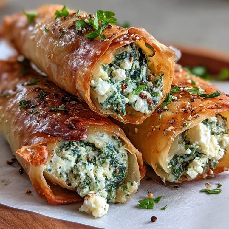Arrangement of Spanakopita Spring Rolls with fresh dill garnish served alongside tzatziki for a Mediterranean appetizer platter.