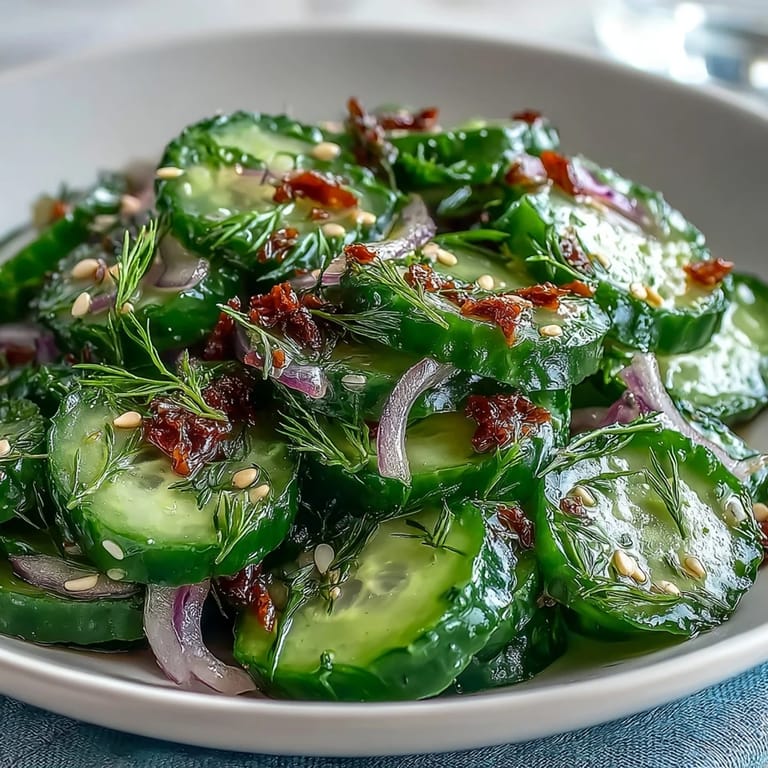 A chilled platter of Refreshing Crunchy Cucumber Salad with julienned carrots and halved cherry tomatoes. The salad features a light, sweet-and-sour dressing and optional toasted sesame seeds for garnish.