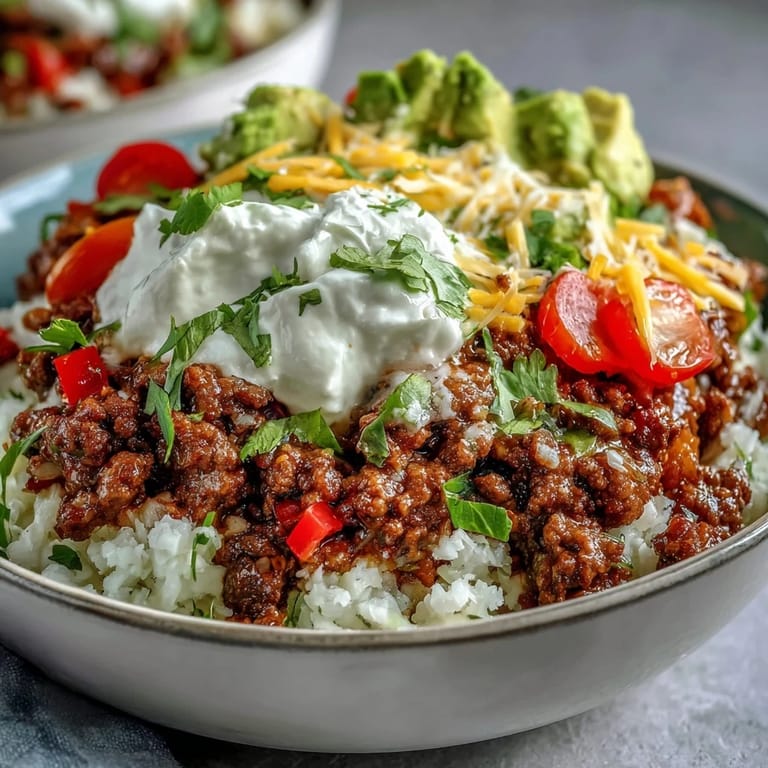 In a Low Carb Burrito Bowl, seasoned beef and cauliflower rice pair with crisp lettuce and avocado.