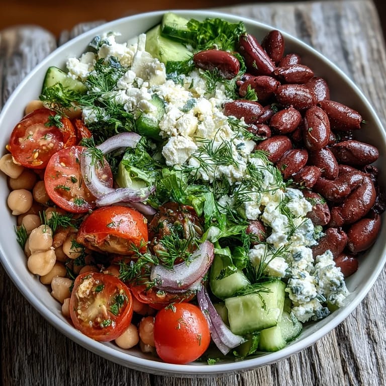 Forkful of vibrant Greek Bean Salad with Lemon Marinated Beans featuring Kalamata olives, red onion, and fresh herbs tossed in a zesty lemon-oregano dressing.