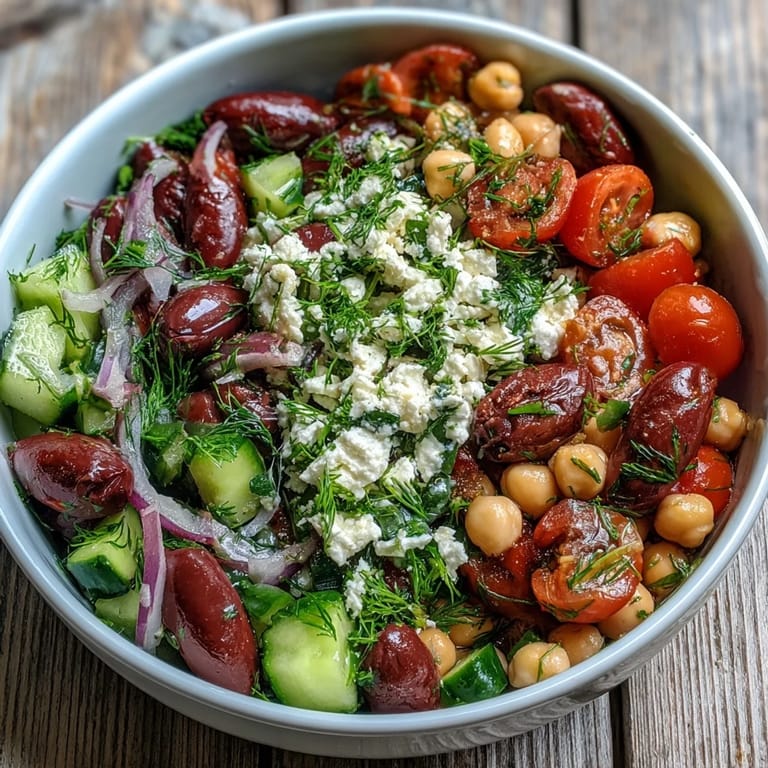 Close-up of Greek Bean Salad with Lemon Marinated Beans showing creamy feta, juicy tomatoes, and glossy beans glistening with extra-virgin olive oil.