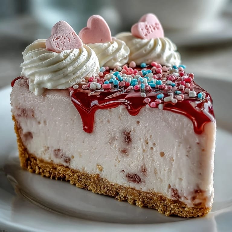 Side view of a homemade Candy Hearts Fake Cake decorated with crunchy conversation hearts and rainbow sprinkles on a smooth whipped frosting exterior.