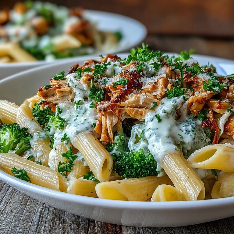 A bowl of High Protein Rotisserie Chicken Broccoli Pasta garnished with parsley and extra Parmesan for dinner.