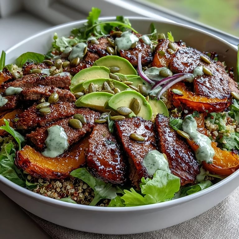 A close-up of butternut squash steak bowls drizzled with lime cilantro dressing and sprinkled with toasted pepitas.
