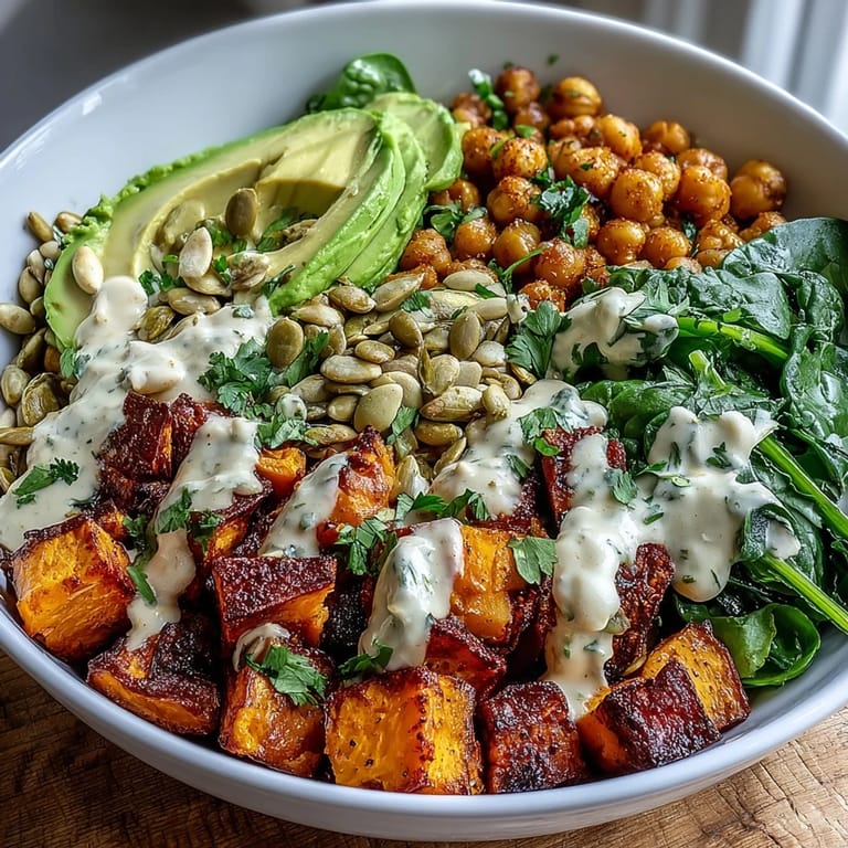 Gluten-free Roasted Sweet Potato and Chickpea Bowl served warm, sprinkled with toasted pumpkin seeds and herbs.
