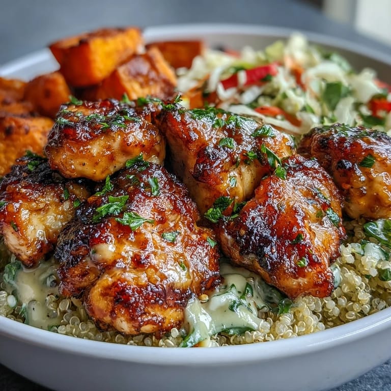 Fork-tender spiced chicken pieces and caramelized sweet potatoes in a Hot Honey Chicken Bowl with creamy dressing.