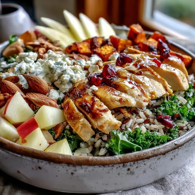 Close-up of a colorful Harvest Bowl featuring tender chicken, massaged kale, sweet potatoes, apples, and tangy balsamic dressing.