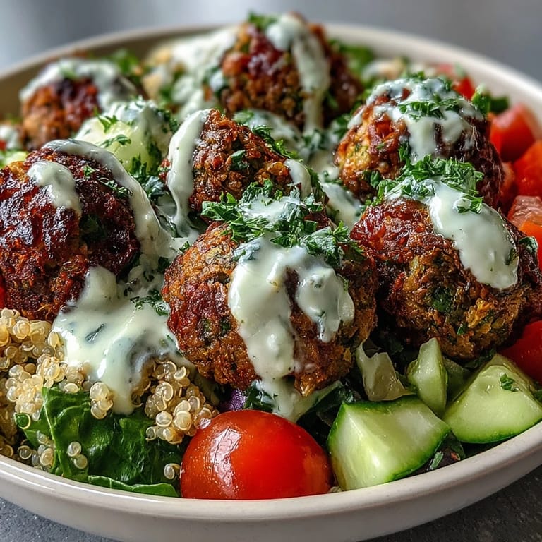 A close-up view of a hearty Falafel Quinoa Salad Bowl with golden-brown falafel, vibrant fresh veggies, and a luscious garlic tahini drizzle perfect for a nutritious lunch.