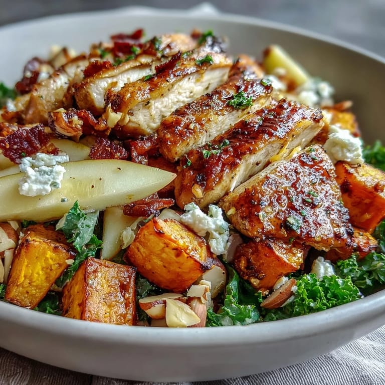 Fall Sweet Potato Harvest Bowl topped with crumbled goat cheese, toasted almonds, and a drizzle of tangy balsamic vinaigrette for a perfect autumn meal.