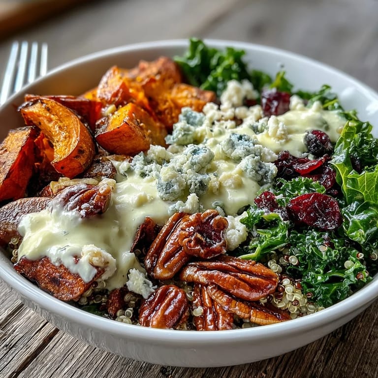 Golden roasted sweet potatoes and fluffy quinoa in a Harvest Kale Quinoa Bowl topped with crunchy pecans and sweet dried cranberries.